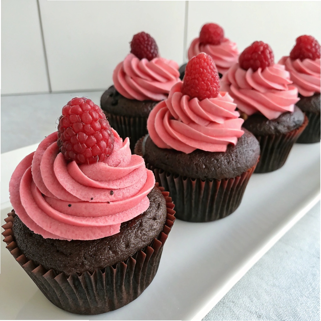 Dark Chocolate Cupcakes with Fresh Raspberry Frosting Recipe