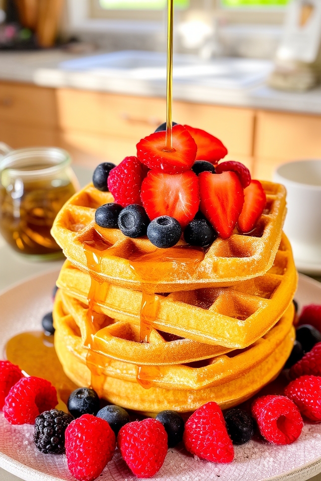 crispy cornmeal waffles topped