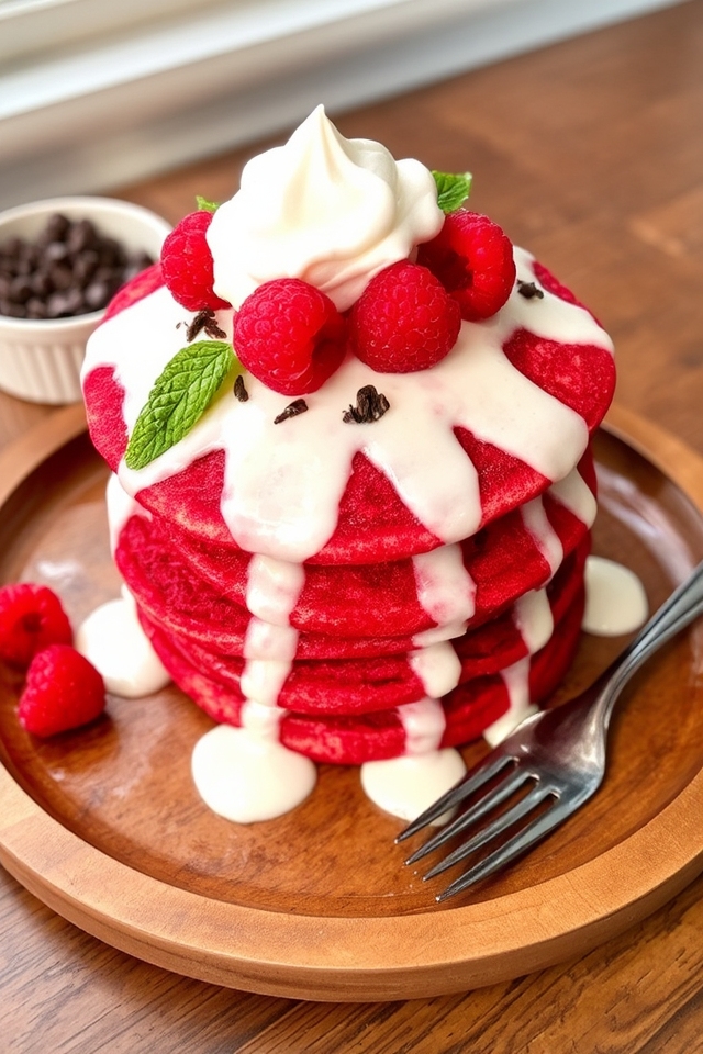 decadent red velvet pancakes