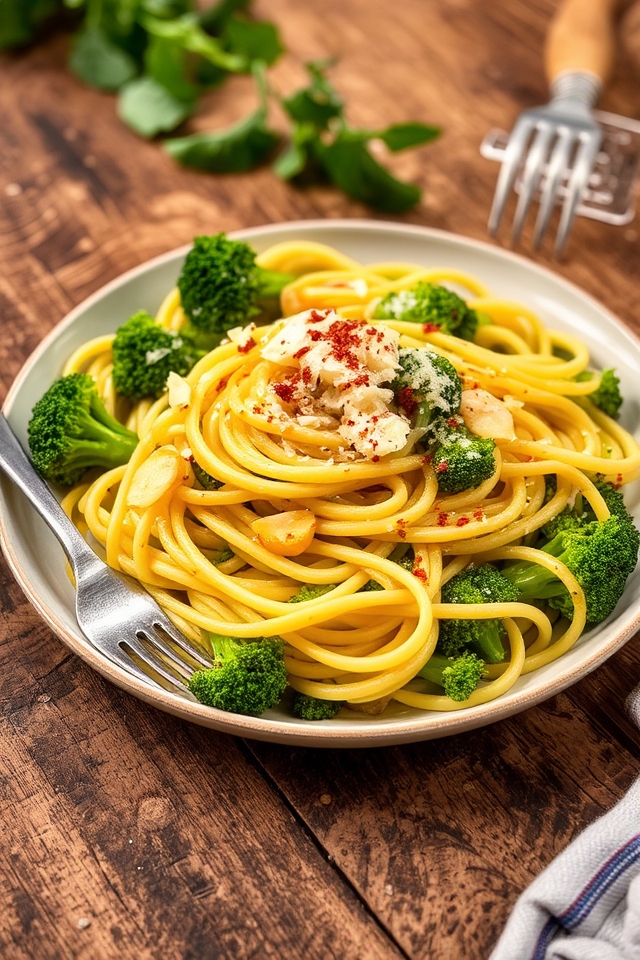 garlic infused linguine and broccoli