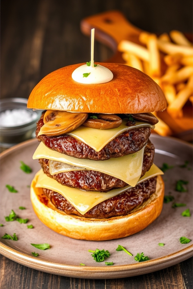 mushroom swiss double cheeseburger delight