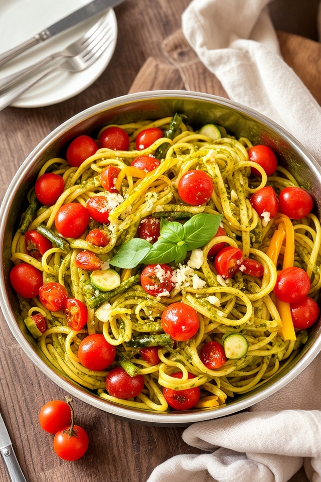 one pan vegetable pesto pasta