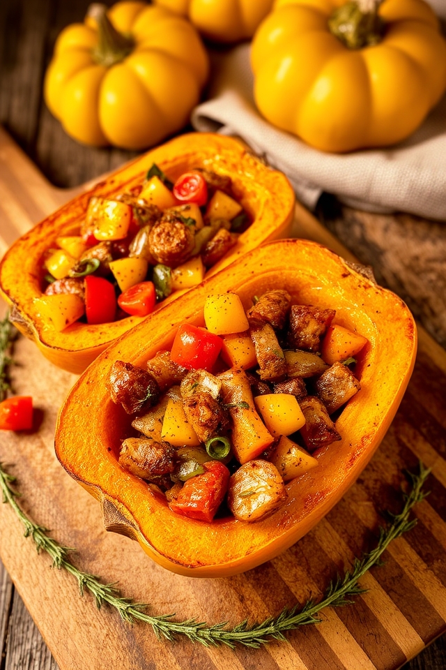 sausage filled acorn squash boats