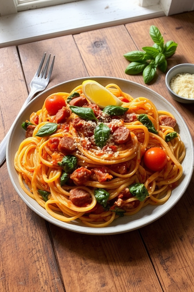 savory sausage tomato linguine