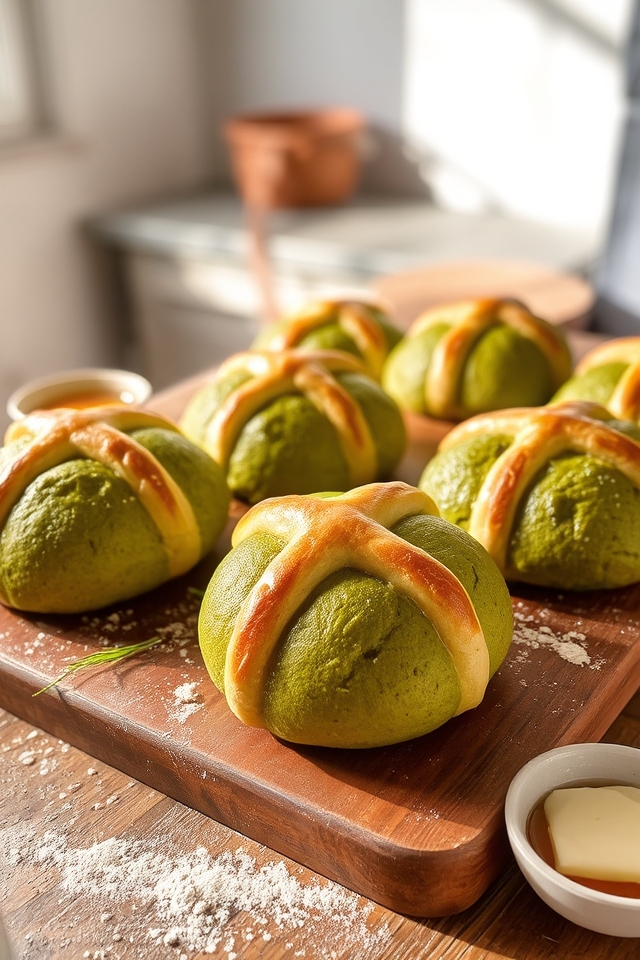 vibrant matcha infused hot cross buns