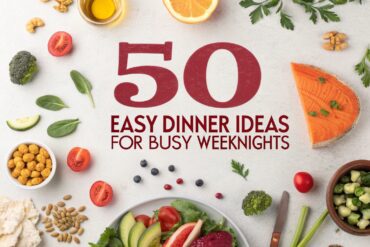 A flat lay collage of easy dinner ideas on a rustic wooden table, including creamy Cajun chicken pasta, maple-glazed salmon, taco soup, and cheesy baked ziti.