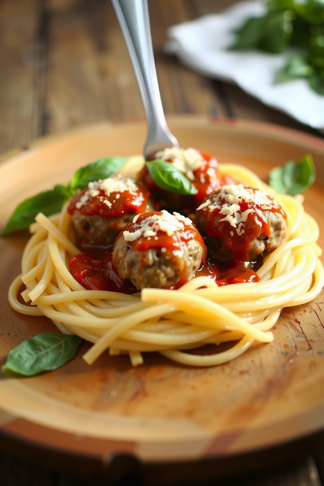 savory meatballs in noodles