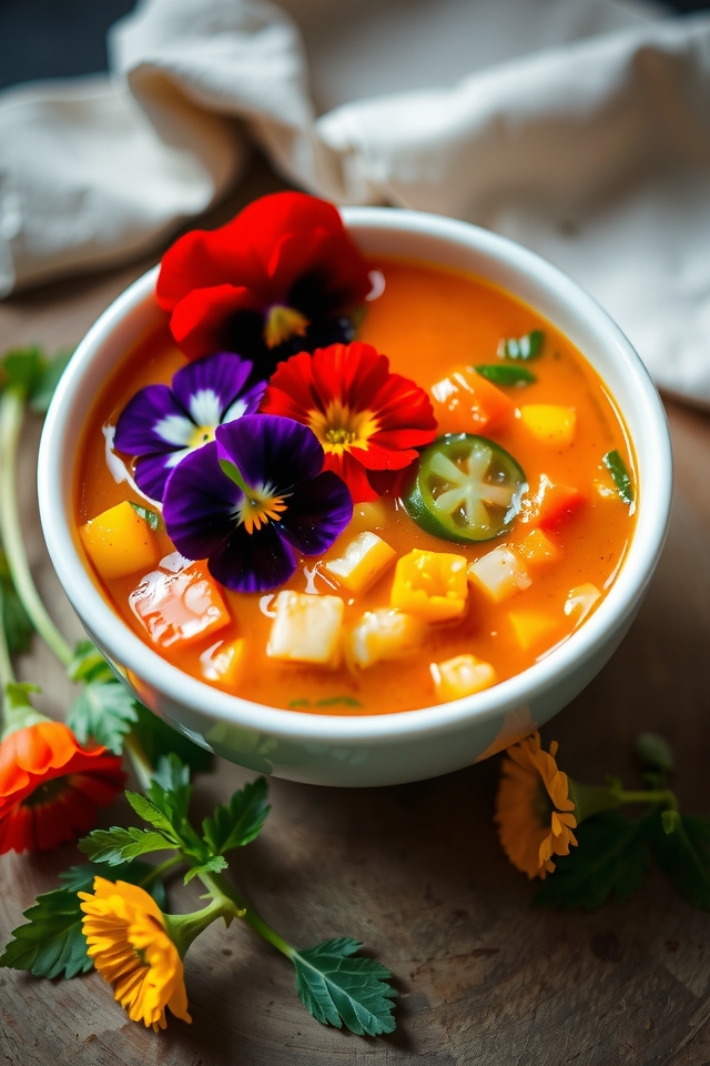 whimsical vibrant gazpacho garnish