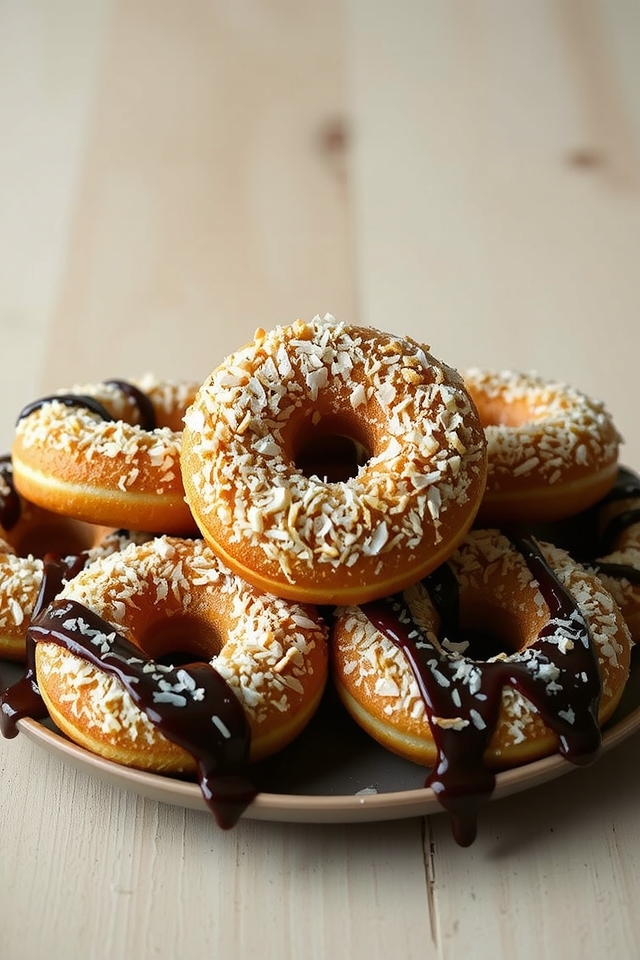 coconut filled chocolate drizzled donuts