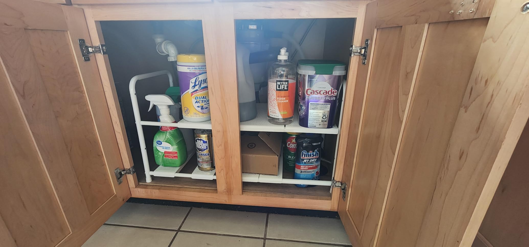 Simple Houseware Under Sink 2-Tier Heavy Duty Expandable Organizer, Silver | Adjustable Width 15.75-25 Inches with 4 Shelf Height Levels customer photo 1