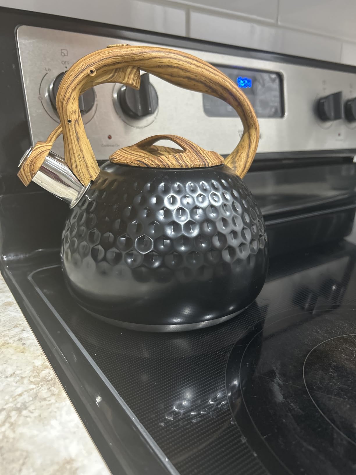 GGC Whistling Tea Kettle for Stove Top, 3.2QT/3L Stainless Steel Tea Kettle | Black Tea Pot with Wood Pattern Handle, Unique Button Control Kettle Outlet, for Boiling Water Coffee or Milk customer photo 2