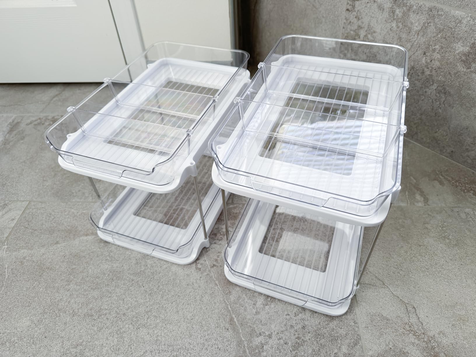 Delamu 2-Tier Multi-Purpose Bathroom Under Sink Organizers and Storage, Stackable Kitchen Pantry Organization, Pull Out Medicine Cabinet Organizer with Movable Dividers, White, 2 Pack customer photo 1