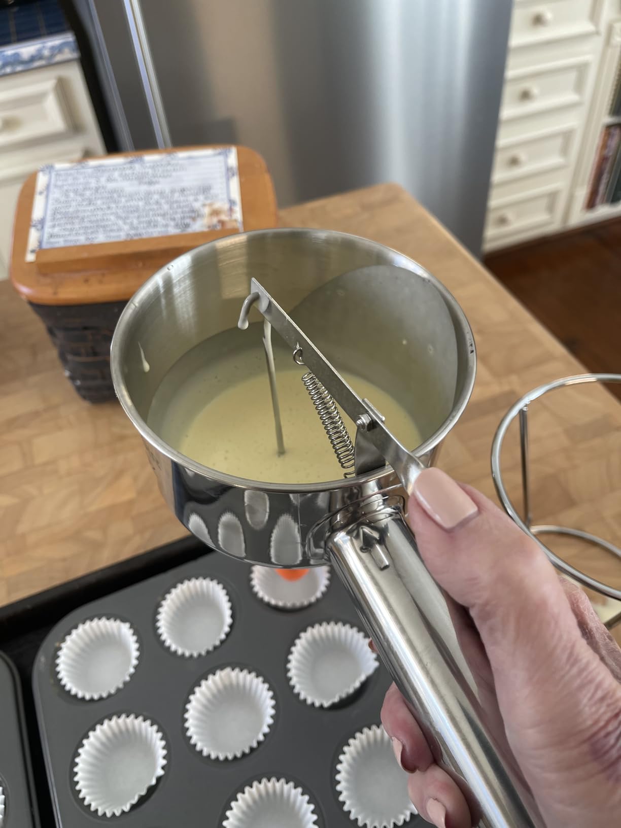 40oz Stainless Steel Pancake Batter Dispenser Multi-Nozzle, Funnel Tool | Thumb-press handle for easy flow control - ideal for pancakes, waffles, crepes, cupcakes, muffins, donuts & funnel cakes customer photo 2