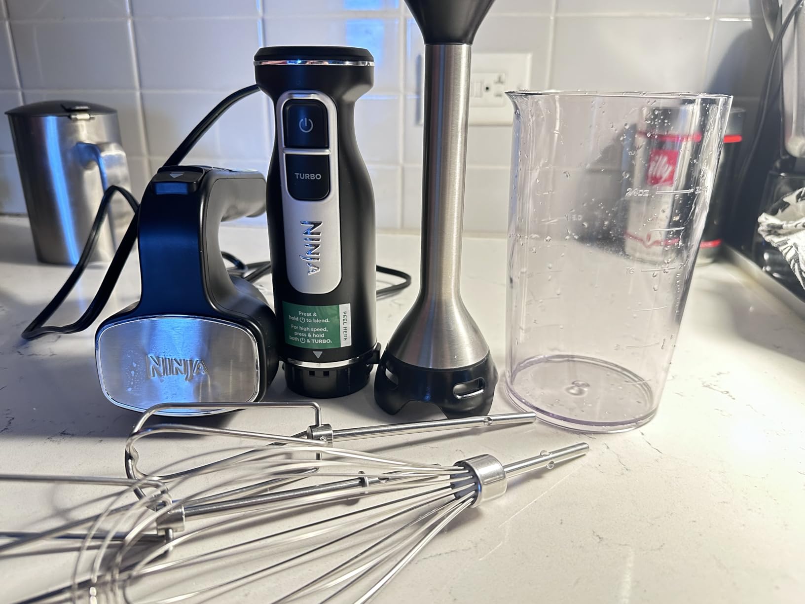 Ninja Immersion Blender & Whisk, 4 Speeds, 4oz Cup, Deep Navy, CI201ND | SplatterShield & PanProtect for mess-free blending. 4 speeds, 4-cup blending vessel, dishwasher safe, 5-ft cord. customer photo 1