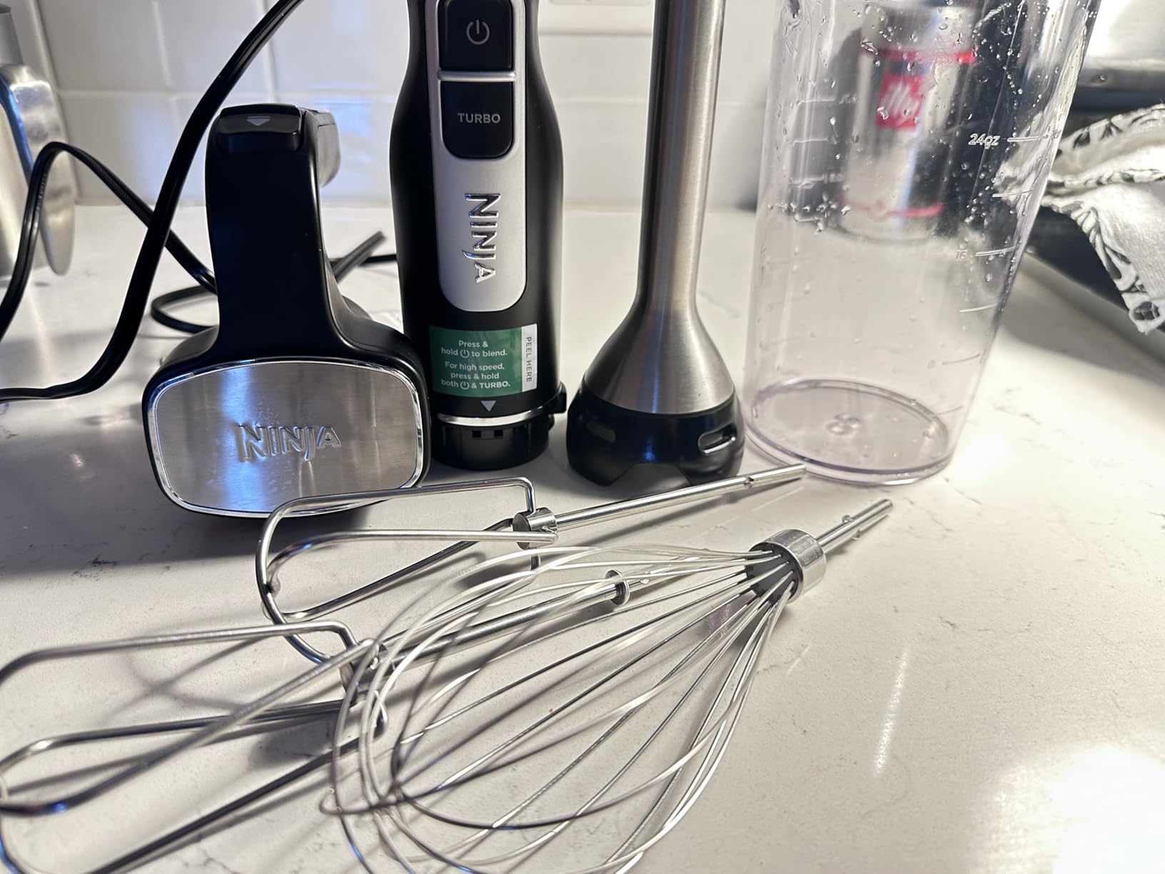 Ninja Immersion Blender & Whisk, 4 Speeds, 4oz Cup, Deep Navy, CI201ND | SplatterShield & PanProtect for mess-free blending. 4 speeds, 4-cup blending vessel, dishwasher safe, 5-ft cord. customer photo 2