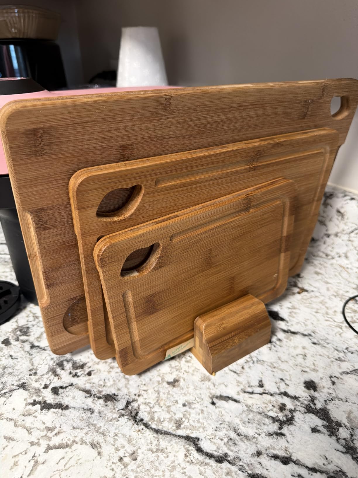 Astercook Deep-Carbonized Bamboo Cutting Boards for Kitchen with Wood Storage Stand, Reversible Charcuterie & Chopping Boards with Juice Grooves and Easy-Grip Handles customer photo 2