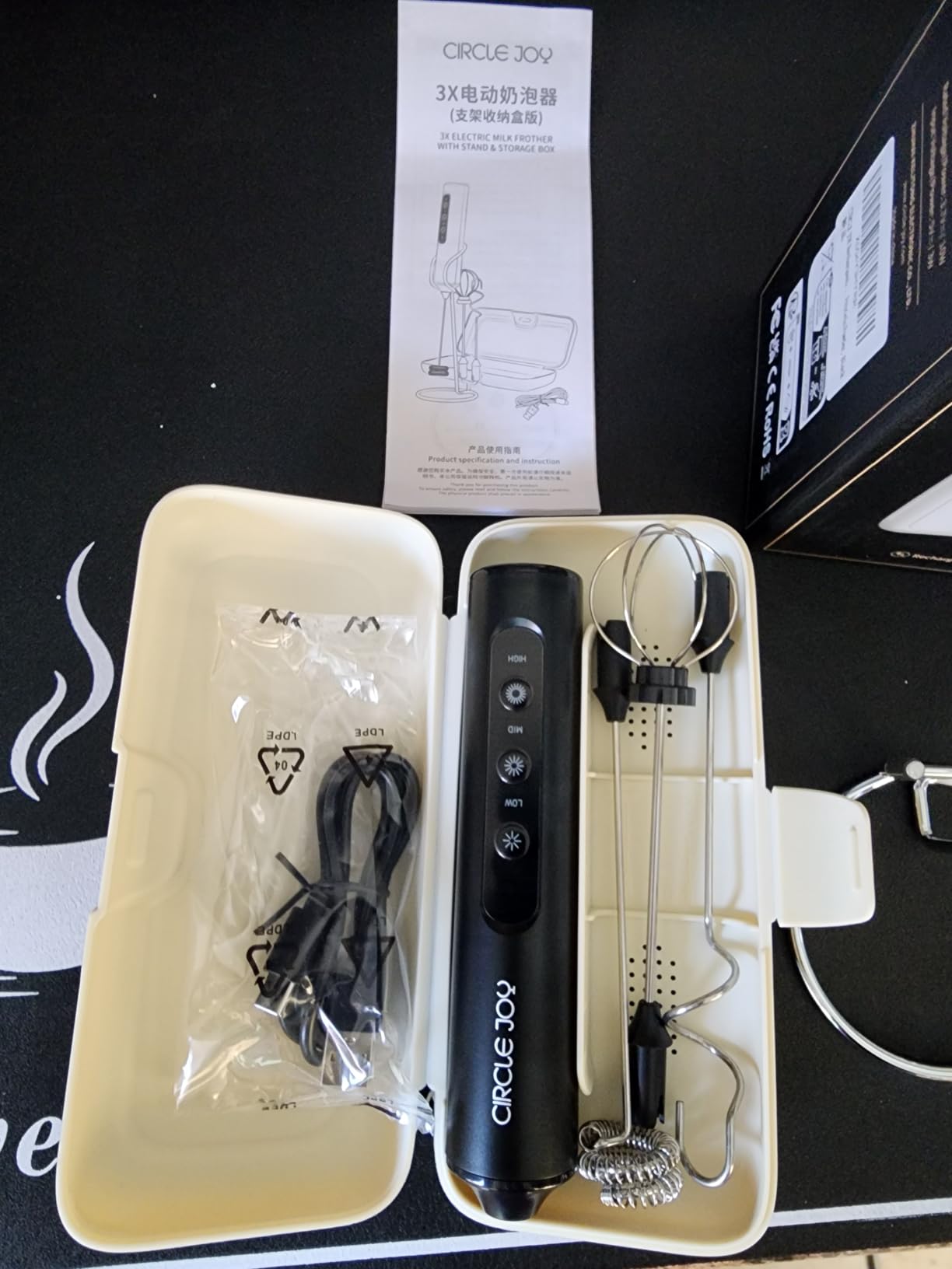 CIRCLE JOY Rechargeable Handheld Milk Frother Wand with Stand, 3 Variable Speeds, 3 Whisks and Storage Box, Electric Drink Mixer for Latte, Cappuccino, Hot Chocolate, Eggs and Protein Powder, Black customer photo 1