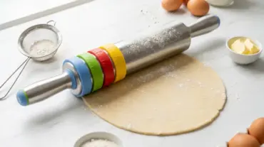 An adjustable rolling pin with removable thickness rings rolling out even pastry dough on a marble surface.