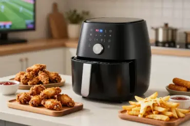 A top-rated air fryer sitting beside a platter of crispy game day snacks including wings and fries.