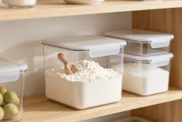 Clear airtight pantry containers filled with flour and sugar neatly organized on a kitchen shelf