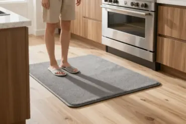 Thick cushioned anti-fatigue kitchen mat on a hardwood floor providing comfort for long cooking sessions