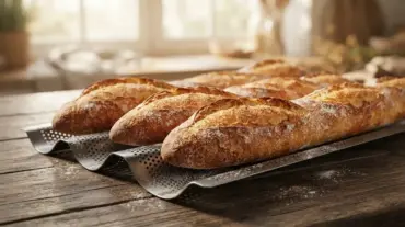 Freshly baked golden French baguettes cooling on a perforated metal baguette pan.
