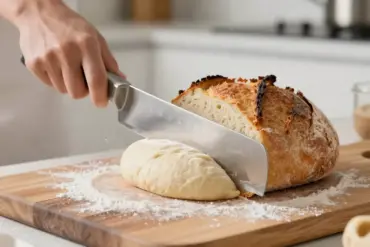 A stainless steel bench scraper cutting through bread dough on a flour-dusted counter for easy portioning and cleaning.