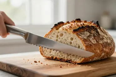 A sharp serrated bread knife cutting clean slices through a rustic loaf of crusty sourdough bread on a wooden cutting board.