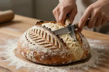 An artisan baker using one of the best bread lames to score a detailed sourdough pattern.
