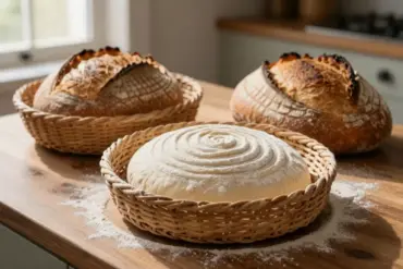 Top-rated rattan bread proofing baskets featuring flour-dusted sourdough dough in a banneton next to a baked loaf.