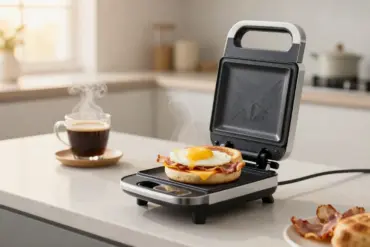A hot, freshly made egg and cheese English muffin sandwich next to a top-rated breakfast sandwich maker on a kitchen counter.
