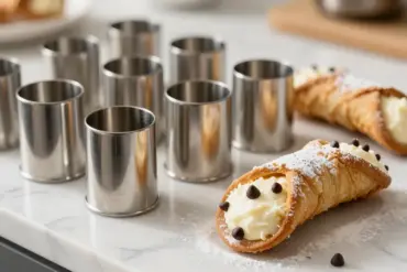 Stainless steel cannoli molds and tubes placed on a marble surface alongside freshly baked, cream-filled cannoli pastries.