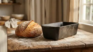 Cast iron bread pan placed next to a freshly baked golden sourdough loaf on a flour-dusted kitchen counter.