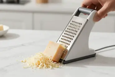Safe rotary cheese grater with protective handle shredding cheese safely without hurting knuckles.