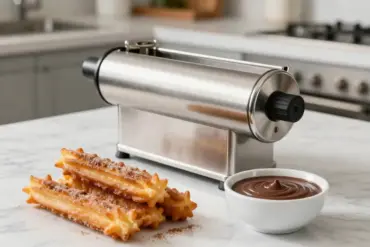 Stainless steel churro maker and dough extruder with freshly pressed golden star-shaped churros on a kitchen counter.