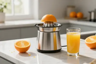 Best citrus juicer pouring fresh morning orange juice next to sliced oranges on a bright kitchen counter.