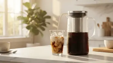 Sleek glass cold brew coffee maker on a bright kitchen counter for making smooth morning iced coffee.