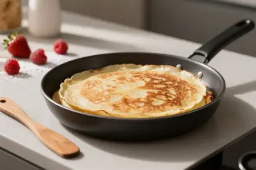 A delicate paper-thin crepe cooking in one of the best crepe pans on a sunlit kitchen counter.