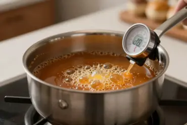 A digital candy thermometer clipped to a saucepan measuring the temperature of bubbling golden caramel.