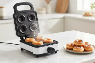 A top-rated electric countertop donut maker open on a kitchen island showing freshly baked mini donuts.