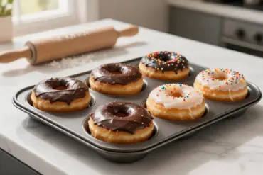 Selection of the best donut pans filled with freshly baked homemade glazed and chocolate donuts on a kitchen counter.