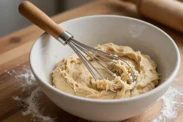 A sturdy Danish dough whisk mixing thick sourdough dough in a ceramic bowl, featured in the 7 best dough whisks guide.