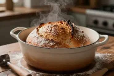 A freshly baked sourdough bread loaf inside a heavy cast iron Dutch oven on a wooden counter