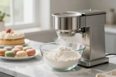 Best electric flour sifter dusting fine flour into a bowl next to fresh macarons and a cake