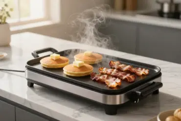 A non-stick electric griddle cooking golden pancakes and crispy bacon strips on a modern kitchen counter.