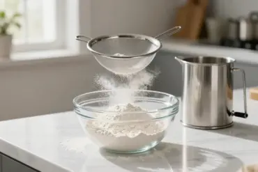 Top-rated stainless steel fine mesh strainers and a flour sifter dusting flour into a bowl on a kitchen counter.