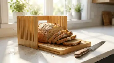 A bamboo folding bread slicing guide on a kitchen counter creating even slices of fresh homemade bread.