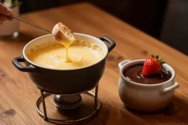 Two of the best fondue sets on a wooden table, one filled with melted cheese and the other with glossy dark chocolate.
