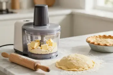 Tested food processor on a kitchen counter preparing flaky pie crust dough with butter and flour.