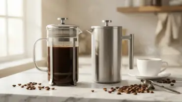 Glass French press coffee maker alongside a stainless steel French press pot on a marble counter with coffee beans.